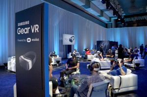 HOLLYWOOD, CA - SEPTEMBER 24: Attendees test out the first consumer version of the Samsung Gear VR at Oculus Connect 2 Developers Conference 2015 at Loews Hollywood Hotel on September 24, 2015 in Hollywood, California. (Photo by Charley Gallay/Getty Images for Samsung)
