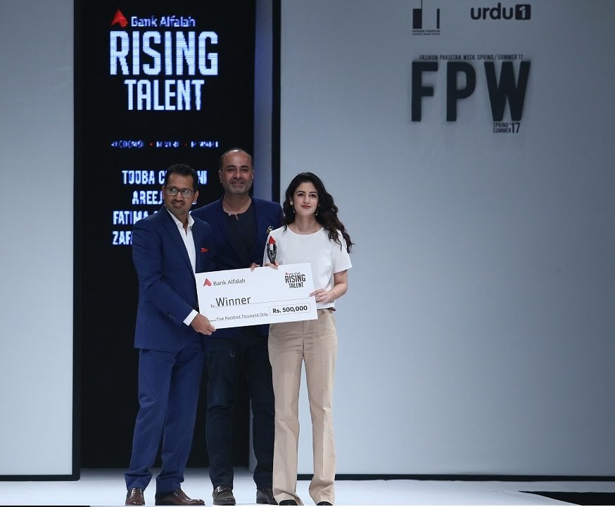 Areej Iqbal Qureshi, one of the four emerging designers who exhibited their collections at the opening of Fashion Pakistan Week 2017, was declared the winner of the Bank Alfalah Rising Talent award