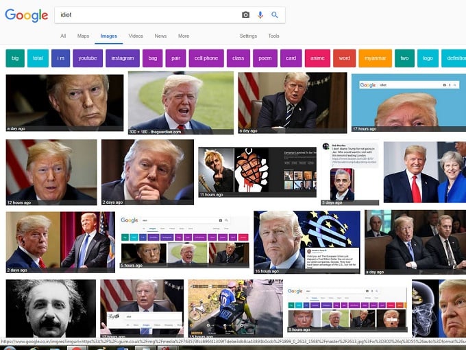 Searching the word 'idiot' shows the image results of Donald Trump on Google